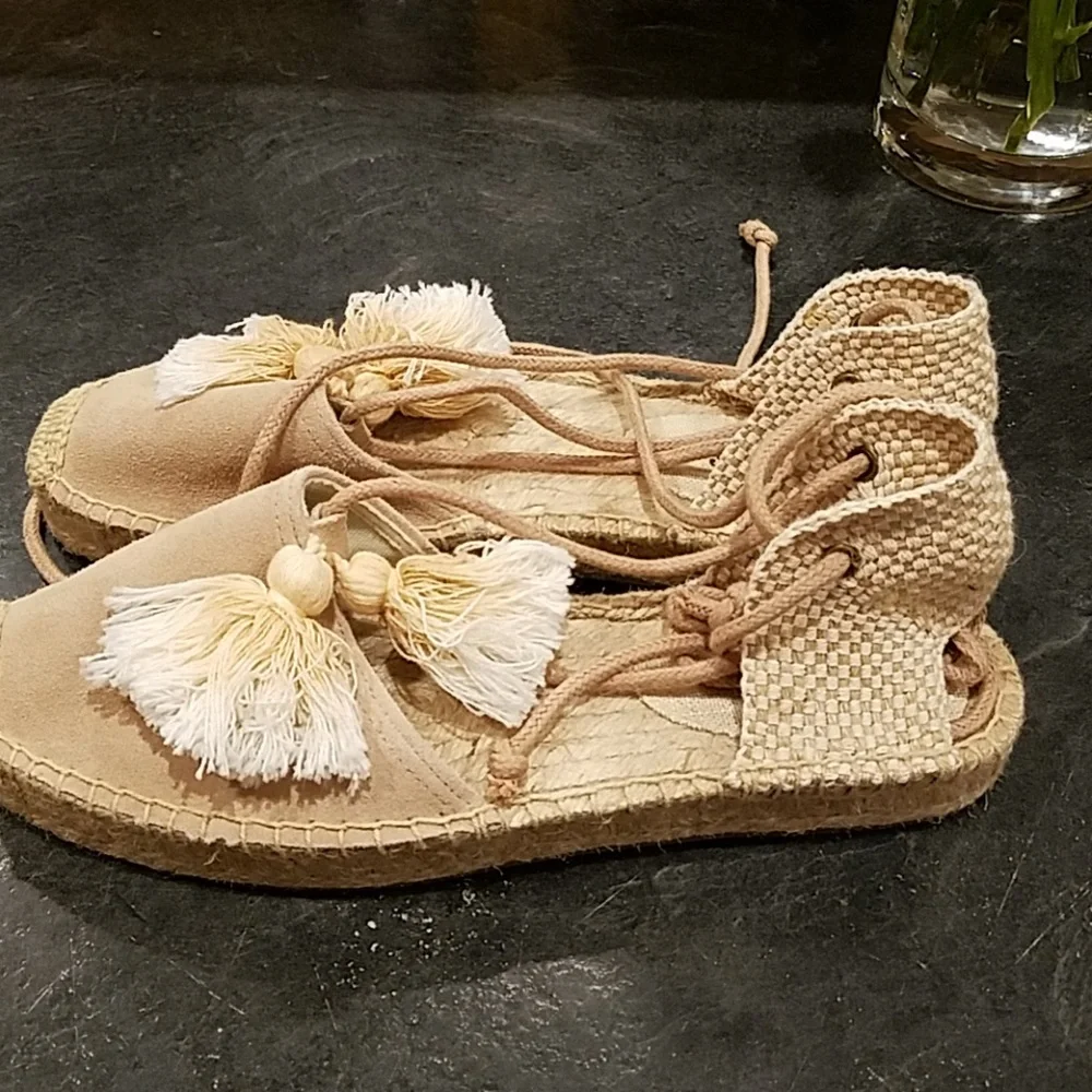 Soludos Beige Suede Espadrille Lace-Up Pom Pom Flats